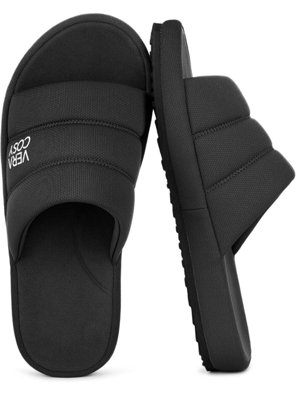 Men's Dark Black Open Toe Slippers Breathable Corn Knit Memory Foam Non Slip